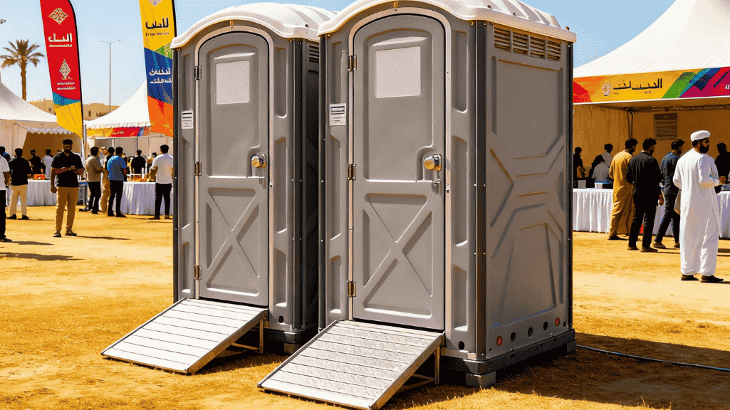 Professional portable toilets installation at outdoor UAE event with multiple units providing sanitation facilities for attendees