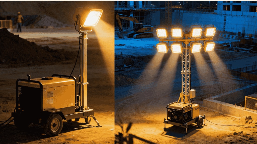 Professional tower light rental deployment at night event in UAE with elevated LED lighting towers providing comprehensive illumination