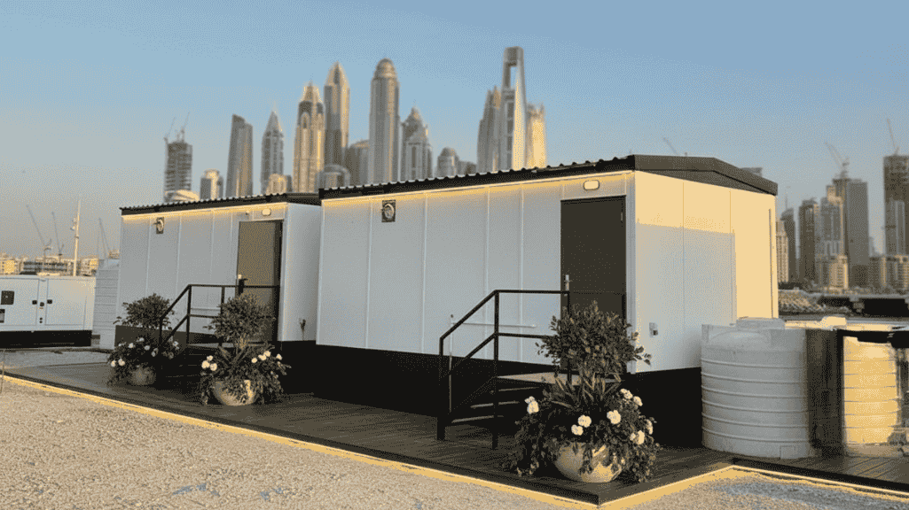 Luxury portable cabin toilets for VIP events in Dubai and Abu Dhabi showing premium interior features, elegant design, and professional setup