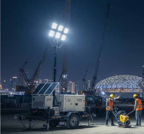 Mobile LED tower light with telescopic mast for flexible deployment in UAE